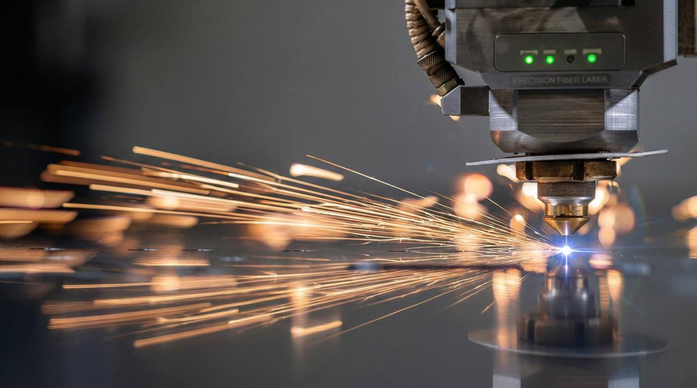 Fiber laser head cutting sheet metal with a stream of sparks