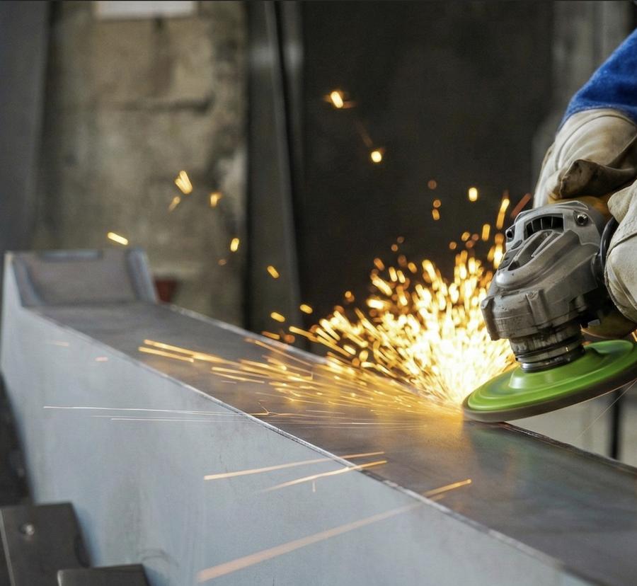 Gloved hands grinding a welded steel seam smooth with an angle grinder